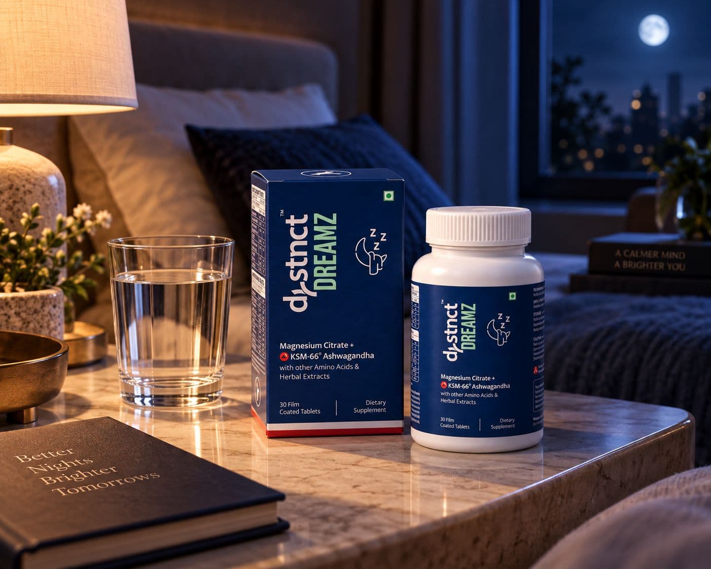DREAMZ supplement on a bedside table
